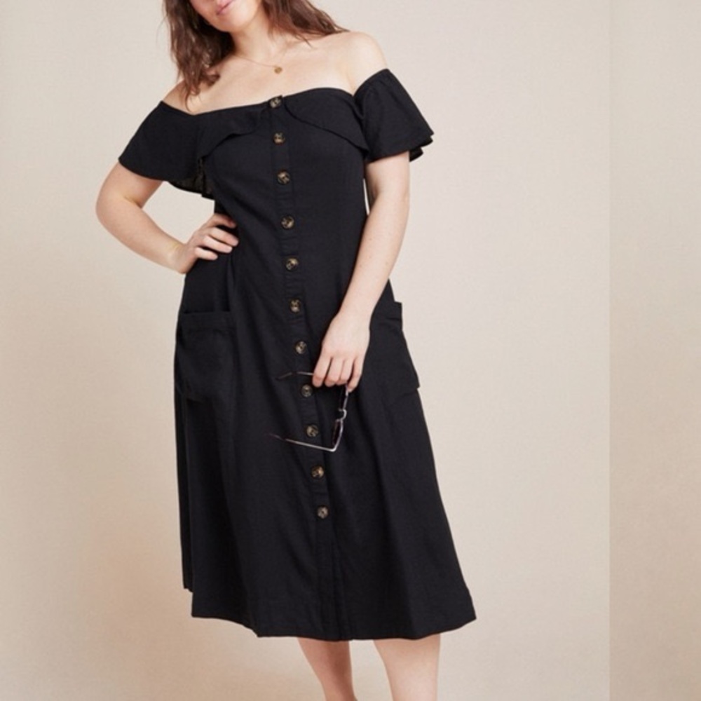Anthropologie Oahu off the shoulder black midi dress. Size 24W. Linen blend.